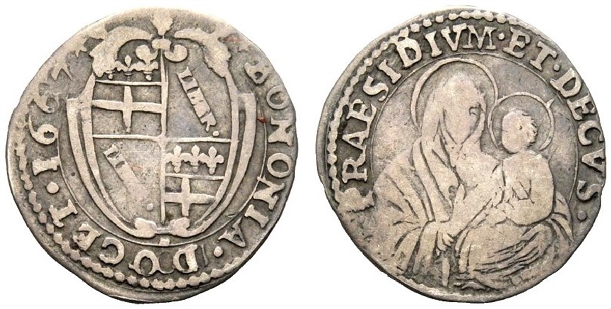 Un carlino d'argento bolognese del 1667, equivalente a 6 bolognini, che era il nome del soldo bolognese, cioè mezza lira. Nel secolo primo ne valeva 5, ma il soldo bolognese venne svalutato per renderlo pari di valore al bajocco romano. Da questo capite come era "fluttuante" il valore reciproco dei vari conii di moneta nei sistemi monetari dell'epoca. Una curiosità, il giornale "Il Resto del Carlino" prende il nome proprio da questa moneta che durante il regno d'Italia era traslato a rappresentare i 10 centesimi di lira, per cui un sigaro ne costava 8 e il resto di 2.... era il costo del giornale!