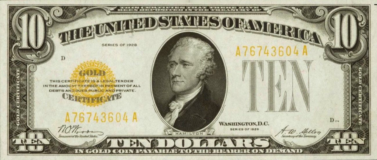 Una banconota da 10 dollari emessa dalla FED nel 1928. Come si può leggere era convertibile in oro a richiesta del portatore adottando allora gli USA ancora il Gold Standard..